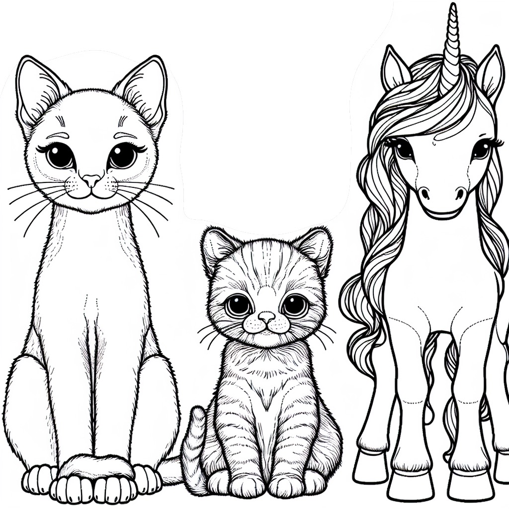 baby cat, adult cat and unicorn