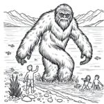 coloring page of bigfoot in the water with kids swimming