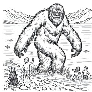 coloring page of bigfoot in the water with kids swimming