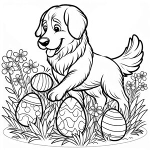 gold retiever and easter eggs coloring page