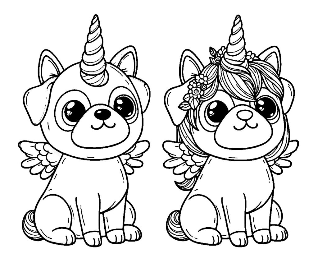 Cartoon Pug Puppy Unicorns Coloring page