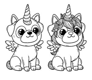 Cartoon Pug Puppy Unicorns Coloring page