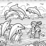 dolphins at beach with kids coloring page