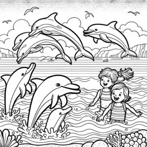 dolphins at beach with kids coloring page