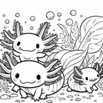 three smiling axolotls coloring page