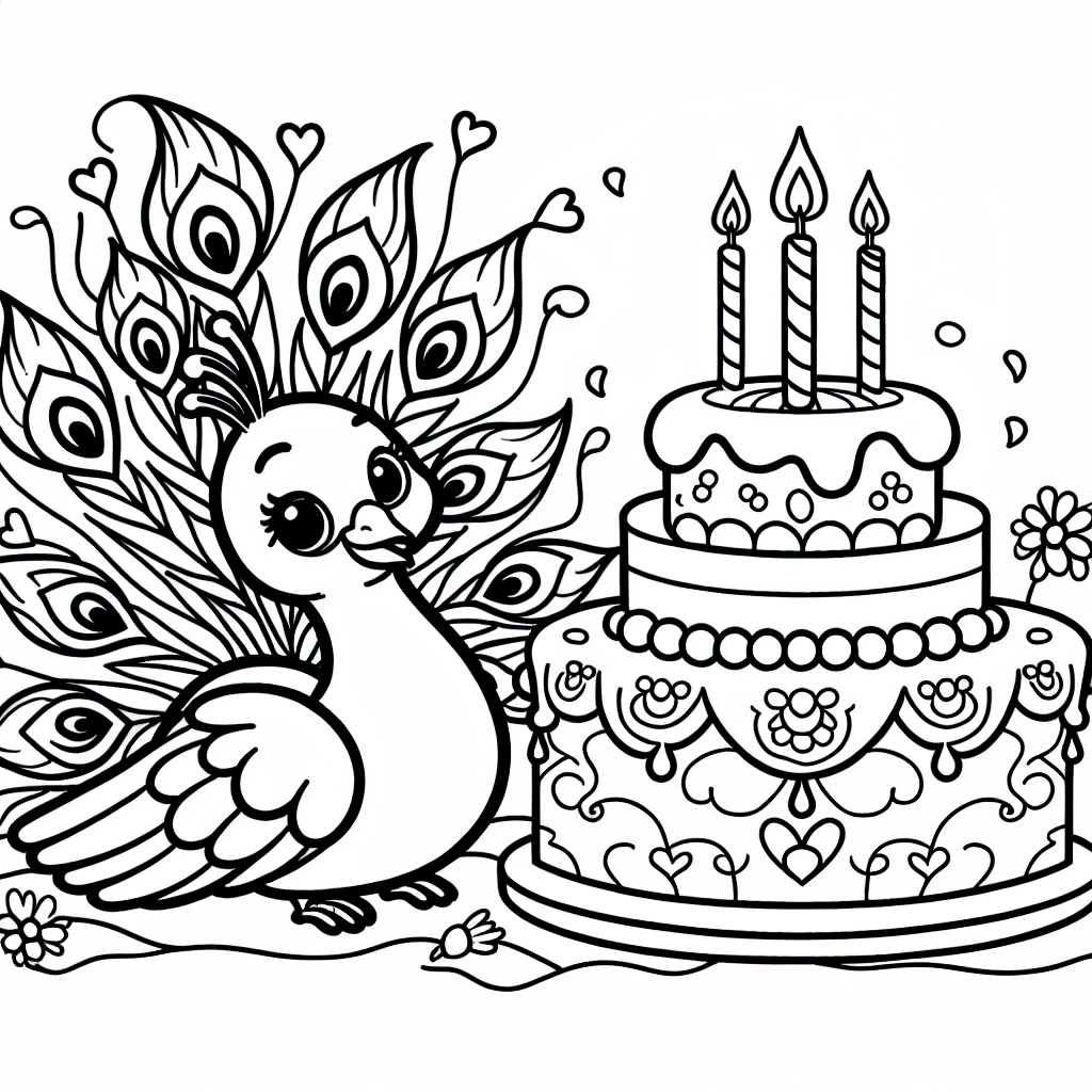 Birthday Peacock coloring page