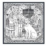 Hanukkah with Labrador dog and family coloring page