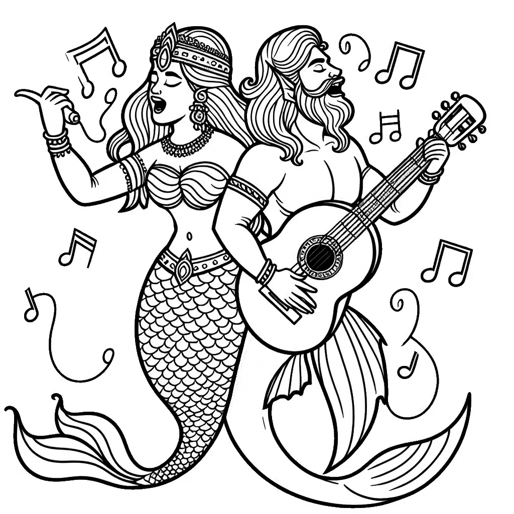 Singing Mermaid and Merman coloring page