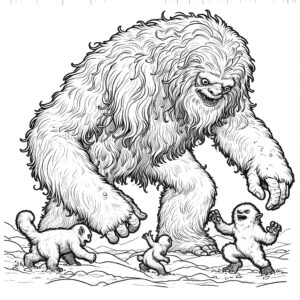 yeti in the snow with kid yetis coloring page